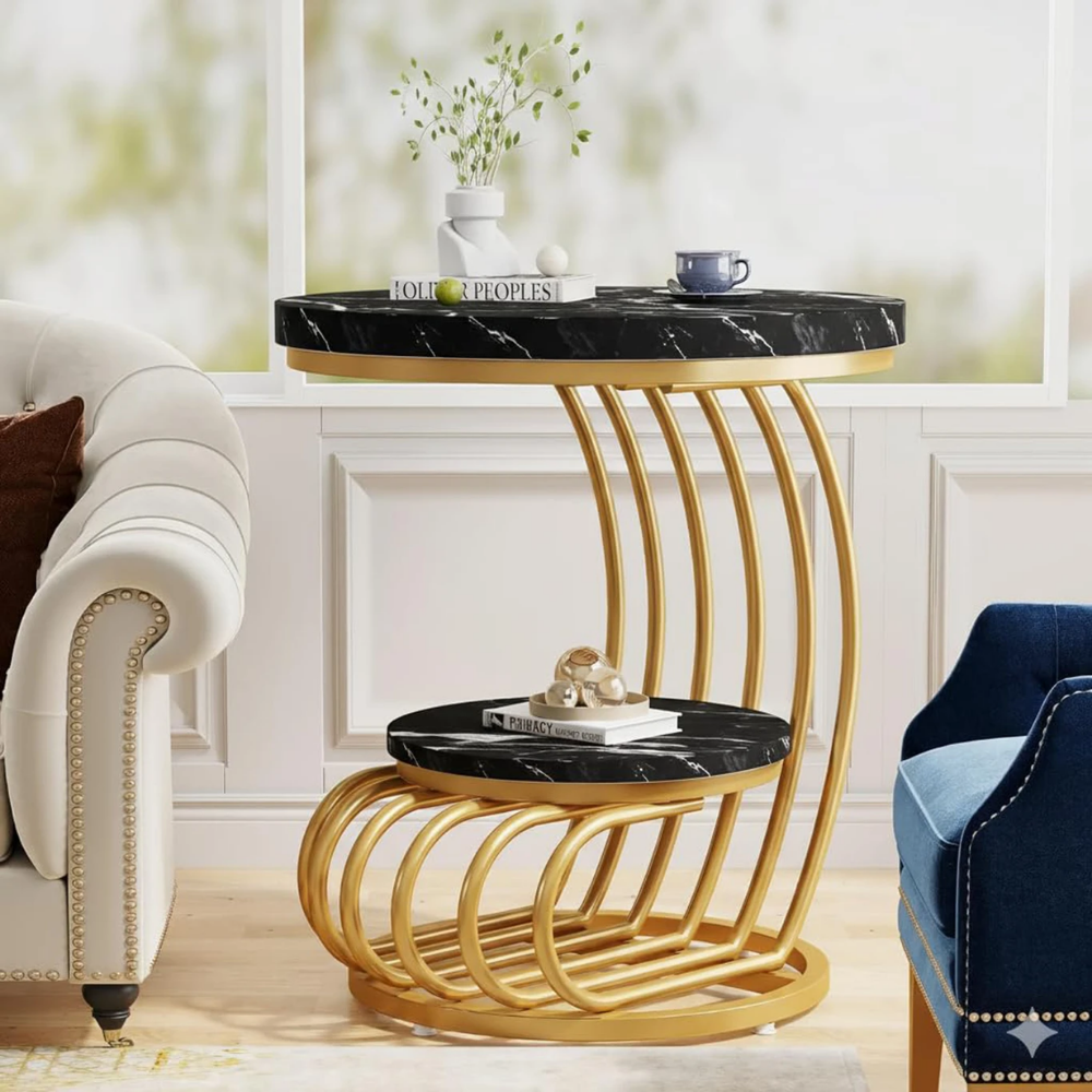 ENIQE STORE Dual Level Luxury Coffee Table ( Golden & Black ) Engineered Wood Coffee Table (Finish Color - Gold, Pre-assembled)