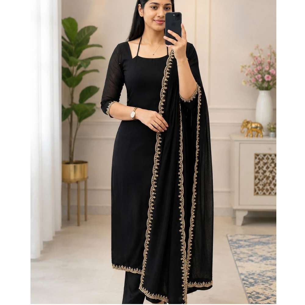 KROLIANT Solid Kurta, Palazzo & Dupatta Set